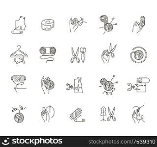 Vector icon and logo sewing and handmade. Editable outline stroke size. Line flat contour, thin and linear design. Simple icons. Concept illustration. Sign, symbol, element.. Vector icon and logo sewing and handmade. Editable outline stroke