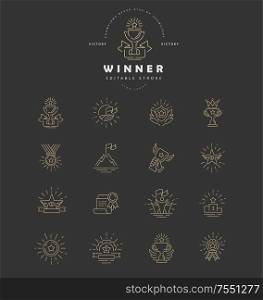 Vector icon and logo winner and champion. Editable outline stroke size. Line flat contour, thin and linear design. Simple icons. Concept illustration. Sign, symbol, element.. Vector icon and logo winner and champion. Editable outline stroke