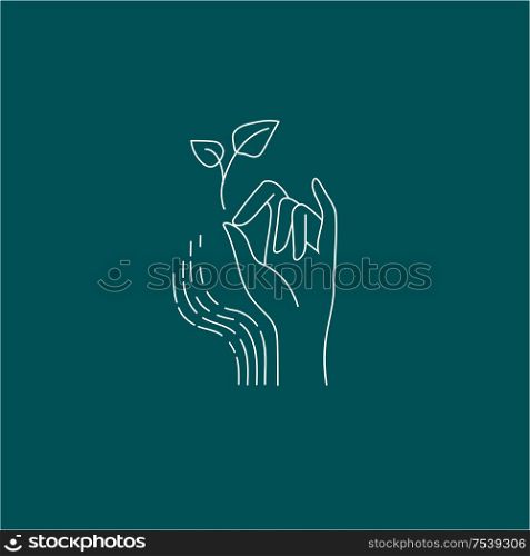 Vector icon and logo with hand for natural cosmetics and care dry skin. Editable outline stroke size. Line flat contour, thin and linear design. Simple icons. Concept illustration. Sign, symbol, element.. Vector icon and logo for natural cosmetics and care dry skin