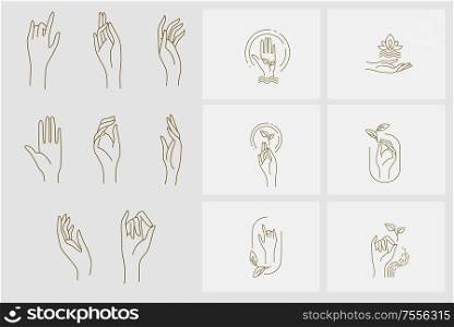 Vector icon and logo with hand for natural cosmetics and care dry skin. Editable outline stroke size. Line flat contour, thin and linear design. Simple icons. Concept illustration. Sign, symbol, element.. Vector icon and logo with hand for natural cosmetics and care dry skin. Editable outline stroke size. Line flat contour, thin and linear design. Simple icons. Concept illustration