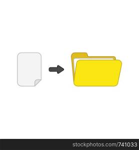 Vector icon concept of blank paper into yellow open folder. Colored outlines.