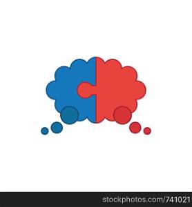 Vector icon concept of blue and red color two pieces jigsaw puzzle thought bubble. Colored outlines.