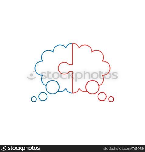 Vector icon concept of blue and red color two pieces jigsaw puzzle thought bubble. White background and colored.