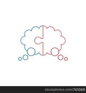 Vector icon concept of blue and red color two pieces jigsaw puzzle thought bubble. White background and colored.