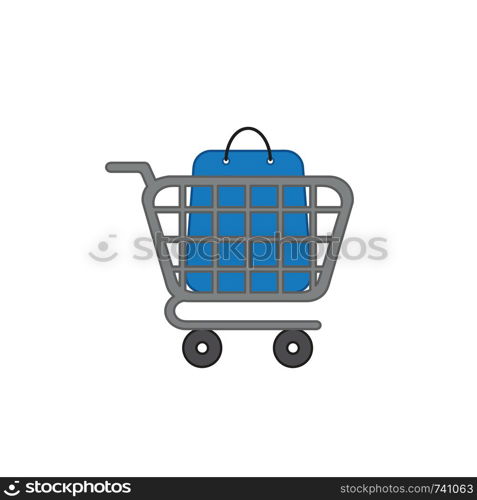 Vector icon concept of blue shopping bag inside grey shopping cart. Colored outlines.