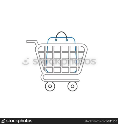 Vector icon concept of blue shopping bag inside grey shopping cart. White background and colored.
