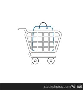 Vector icon concept of blue shopping bag inside grey shopping cart. White background and colored.