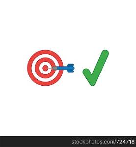 Vector icon concept of bulls eye with dart in the center with check mark symbolizes success. Colored outlines.