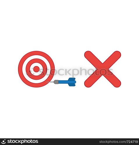 Vector icon concept of bulls eye with dart in the side with x mark symbolizes unsuccess. Colored outlines.