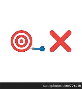 Vector icon concept of bulls eye with dart in the side with x mark symbolizes unsuccess. Colored outlines.