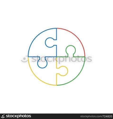 Vector icon concept of circle shape four puzzle pieces connected. White background and colored outlines.