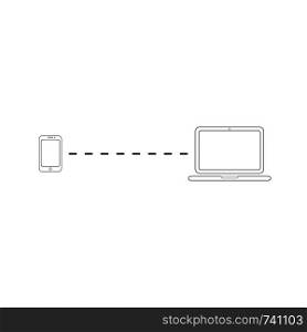 Vector icon concept of connection between black smartphone and laptop computer. White background and colored.