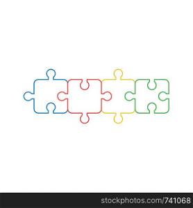Vector icon concept of four jigsaw puzzle pieces connected and team word written. White background and colored.