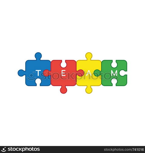 Vector icon concept of four jigsaw puzzle pieces connected and team word written. Colored outlines.