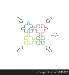 Vector icon concept of four jigsaw puzzle pieces connecting. White background and colored.