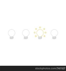 Vector icon concept of four light bulbs and one of them turn on and glowing. White background and colored.