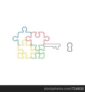 Vector icon concept of four part connected jigsaw puzzle pieces key and keyhole. White background and colored outlines.