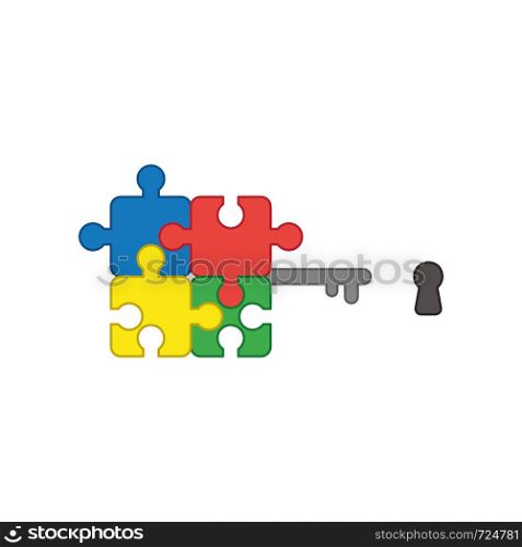 Vector icon concept of four part connected jigsaw puzzle pieces key and keyhole. Colored outlines.