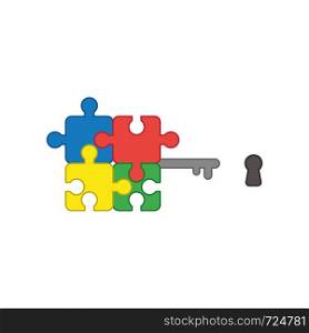 Vector icon concept of four part connected jigsaw puzzle pieces key and keyhole. Colored outlines.