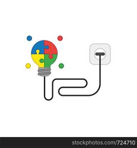 Vector icon concept of glowing four part puzzle light bulb with cable plugged into outlet. Colored outlines.