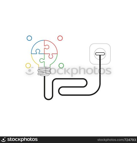 Vector icon concept of glowing four part puzzle light bulb with cable plugged into outlet. White background and colored outlines.