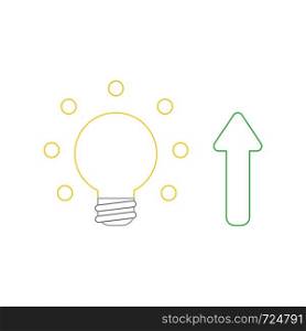 Vector icon concept of glowing light bulb with arrow moving up. White background and colored outlines.
