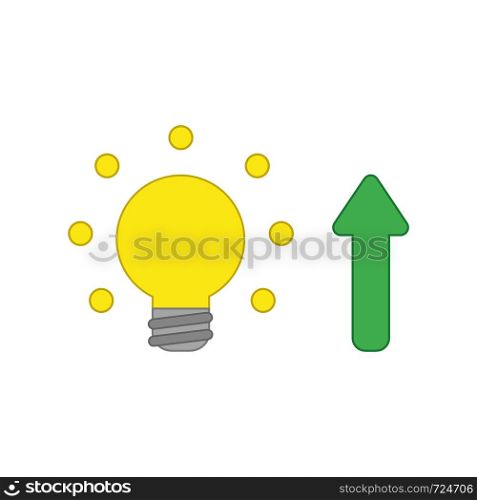 Vector icon concept of glowing light bulb with arrow moving up. Colored outlines.