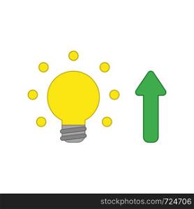 Vector icon concept of glowing light bulb with arrow moving up. Colored outlines.