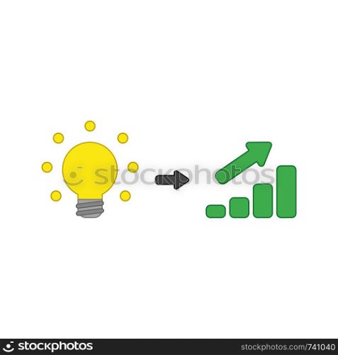 Vector icon concept of glowing yellow light bulb idea with green sales bar chart moving up. Colored outlines.