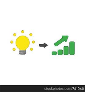 Vector icon concept of glowing yellow light bulb idea with green sales bar chart moving up. Colored outlines.