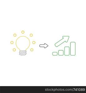 Vector icon concept of glowing yellow light bulb idea with green sales bar chart moving up. White background and colored.