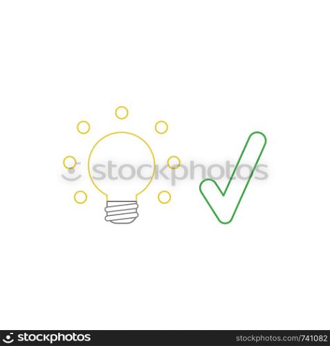 Vector icon concept of glowing yellow light bulb with green check mark. White background and colored.