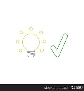 Vector icon concept of glowing yellow light bulb with green check mark. White background and colored.