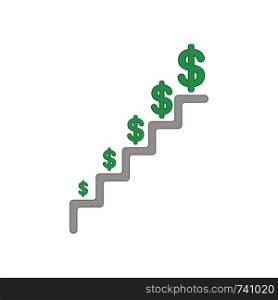 Vector icon concept of green dollar symbol growing on stairs. Colored outlines.