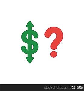 Vector icon concept of green dollar symbol with arrow pointing up and down and red question mark. Colored outlines.
