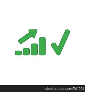 Vector icon concept of green sales bar chart moving up with green check mark. Colored outlines.
