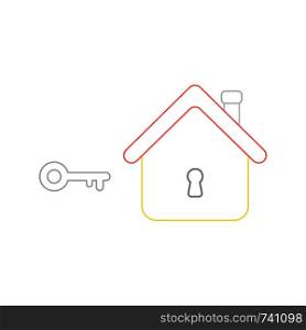 Vector icon concept of grey key and yellow house with black keyhole. White background and colored.