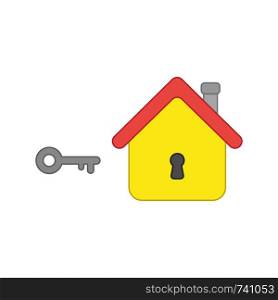 Vector icon concept of grey key and yellow house with black keyhole. Colored outlines.
