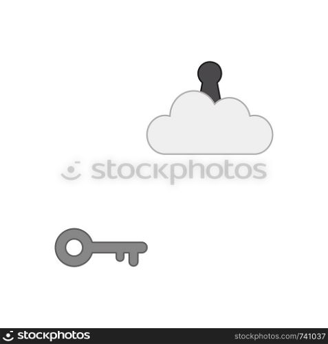 Vector icon concept of grey key reach keyhole on cloud. Colored outlines.