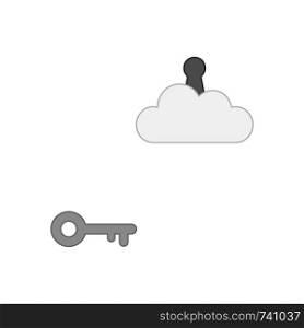 Vector icon concept of grey key reach keyhole on cloud. Colored outlines.