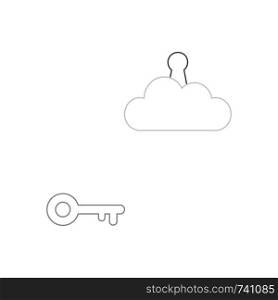 Vector icon concept of grey key reach keyhole on cloud. White background and colored.