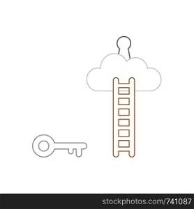 Vector icon concept of grey key reach keyhole on cloud with wooden ladder. White background and colored.