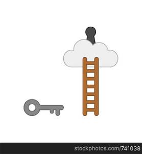 Vector icon concept of grey key reach keyhole on cloud with wooden ladder. Colored outlines.