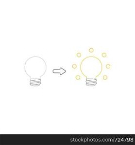 Vector icon concept of grey light bulb and glowing light bulb, bad and good ideas. White background and colored outlines.