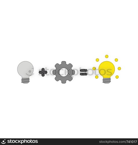 Vector icon concept of grey light bulb idea plus gear equals glowing yellow light bulb idea. Colored outlines.