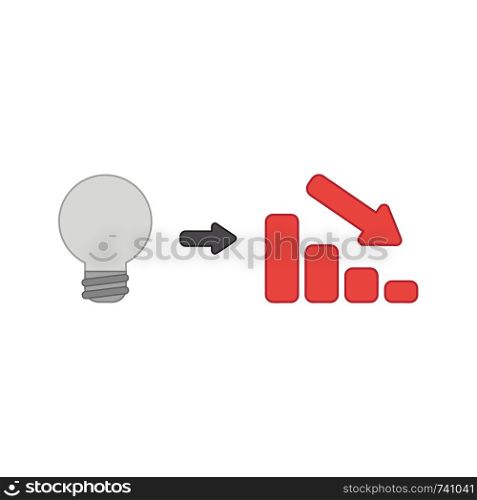 Vector icon concept of grey light bulb idea with red sales bar chart moving down. Colored outlines.