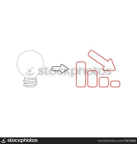 Vector icon concept of grey light bulb idea with red sales bar chart moving down. White background and colored.