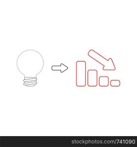 Vector icon concept of grey light bulb idea with red sales bar chart moving down. White background and colored.