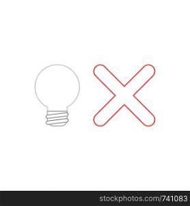 Vector icon concept of grey light bulb with red x mark. White background and colored.