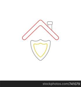 Vector icon concept of guard shield under red roof. White background and colored.